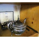 A plated teapot, collector's spoons, spill vase, magnifier and twist handle