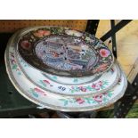 Two Indian Tree pattern meat platters and an oriental plate