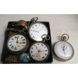 A military stop watch, Omega pocket watch, two silver pocket watches (no glass) and two others