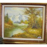An oil on canvas Swiss mountain scene, signed Bennet