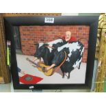 Jonathon Cusick - oil on canvas man playing a guitar through cows mouths, signed and dated 2003