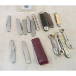 Eight penknives, three folding spoons, cigar piercer and two penknives