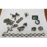 An Irish harp silver brooch, silver bow brooch, marcasite earrings and ring and two butterfly wing