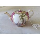 A 19th Century Meissen (seconds) spherical teapot decorated scenes of 18th Century figures in