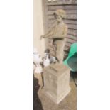 A stoneware garden statue Pan playing pipes on plinth base