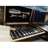 A plated fish set (boxed), set of twelve dessert knives and forks in mahogany box and other plated
