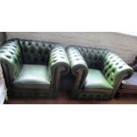 A pair of leather effect green club shaped buttoned armchairs