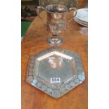 A silver-plated two handled cup and a hexagonal dish