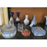 Two Wedgwood Jasperware lidded bowls, vase and Aynsley vase and a small group of glass