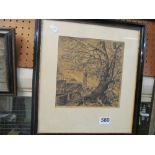 A print Chaucer’s Canterbury tales, framed French prints and an etching river view signed