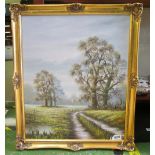 P Varley - oil on canvas country lane with cottage in gilt frame