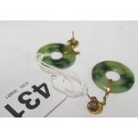 A pair of Oriental jade circle earrings on Chinese symbol yellow metal drops