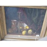 An oil on canvas still life pottery, fruit and glass vase in gilt frame and another still life fruit