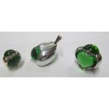 A set of three Christofle green stone and plated robins