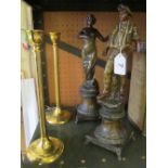 Two metal figures (a/f) and pair candlesticks