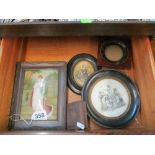 A plaque printed picture lady in red ermine trimmed robe and other small pictures and case