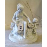 A Sevres Parian Ware group classical lady with cherub making garlands (repaired head)