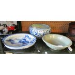 An Oriental blue and white bowl (a/f), celadon bowl (a/f) and a dish decorated landscape