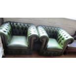 A pair of leather effect green club shaped buttoned armchairs