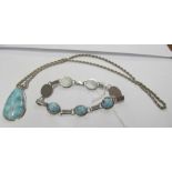 A 925 pendant on chain set turquoise coloured stone and a similar bracelet and pearl necklace
