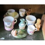 A fairing 'Hark that's mothers grunt' and various Victorian and other cups and saucers etc