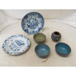 A pair Oriental blue and white plates and four cloisonné bowls