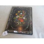 A Victorian papier-mache blotter inlaid mother of pearl and painted flowers