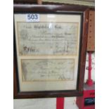 A Brighthelmstone Bank Five Pound note No.10132 1841 and a cheque 1826 framed as one