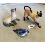 A Royal Doulton Siamese cat, Royal Copenhagen cat and pair of birds