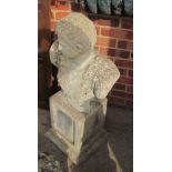 A concrete garden bust of Roman on square pillar