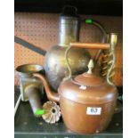 A brass jug, pair open barleytwist candlesticks, copper kettle and coaching light