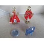 A pair of Murano Venetian figures in red and two blue glass pieces