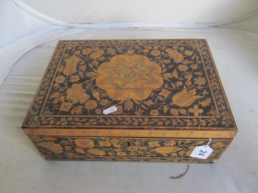 A Regency pen work workbox decorated flowers and leaf borders (split to top)