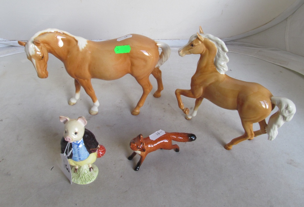 Two Beswick horses, Beswick fox and Beswick Beatrix Potter Pigling Band