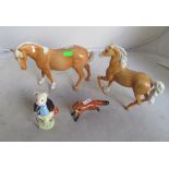 Two Beswick horses, Beswick fox and Beswick Beatrix Potter Pigling Band