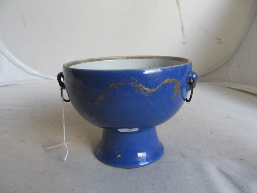 A Chinese blue and gilt bowl with iron handles six character mark to base