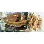 Six Satsuma style Japanese figures and model of a junk boat on stand (slightly a/f)