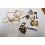A pearl necklace with 9ct clasp, another with silver clasp, St Christopher, brooch and other