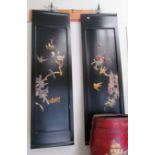 A pair reproduction black lacquer panel decorated floral design (slightly a/f)