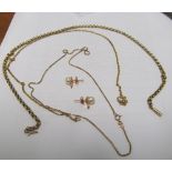 Two 9ct gold chains 11g, another chain and pair earrings