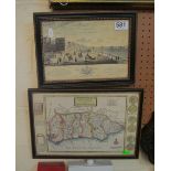 A coloured print Brighton Chain Pier and a map print Sussex by Herman Moll
