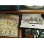 Twelve prints of old ships and a sampler