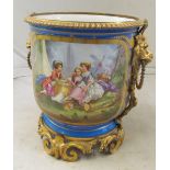 A large late 19th Century Sevres style jardinière with scenes of 18th Century figures with blue de