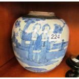 An Oriental blue and white crackle glaze ginger jar decorated Geisha in garden setting