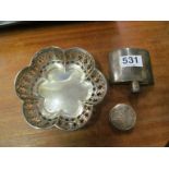 A pair of silver pierced edge bon bon dishes, silver hip flask and pill box