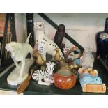 A Dalmatian dog, resin dog, bone model bird, owl, two brass birds, crab and Russian zebra