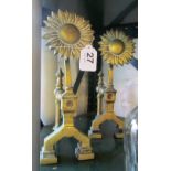 A pair brass firedogs sunflower design