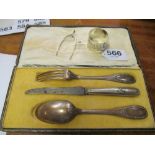 A silver napkin ring, mini sugar tongs and child's cutlery set (i.c)