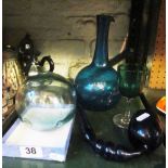 A 19th Century blue glass flask, blue glass pipe and other glass