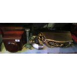 A mahogany wall bracket, gilt wall shelf, two horn cups and a pair of candlesticks